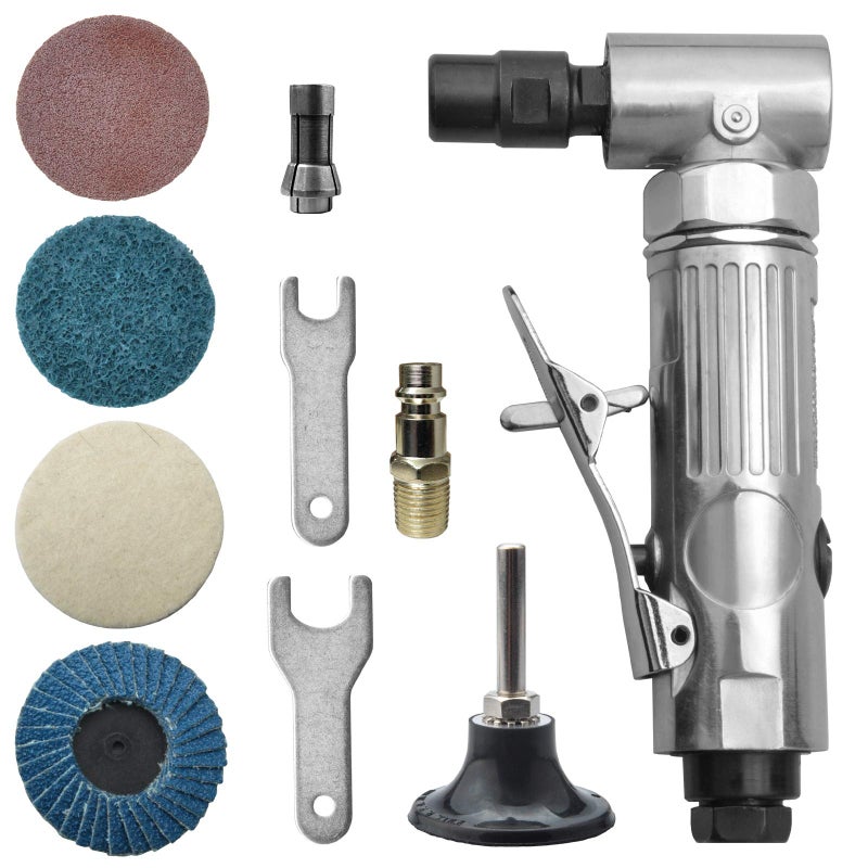 PROSHI Angle air die grinder 1/4" with 4 pcs 2" roll lock sanding discs, polished color angle pneumatic die grinder - Image 1